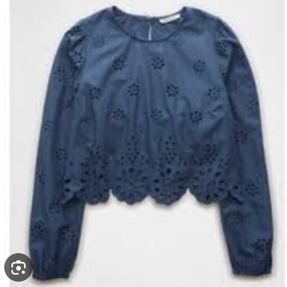 American Eagle AE Cotton Floral Eyelit Embroidered Cropped Top Blue Size M - Picture 3 of 10